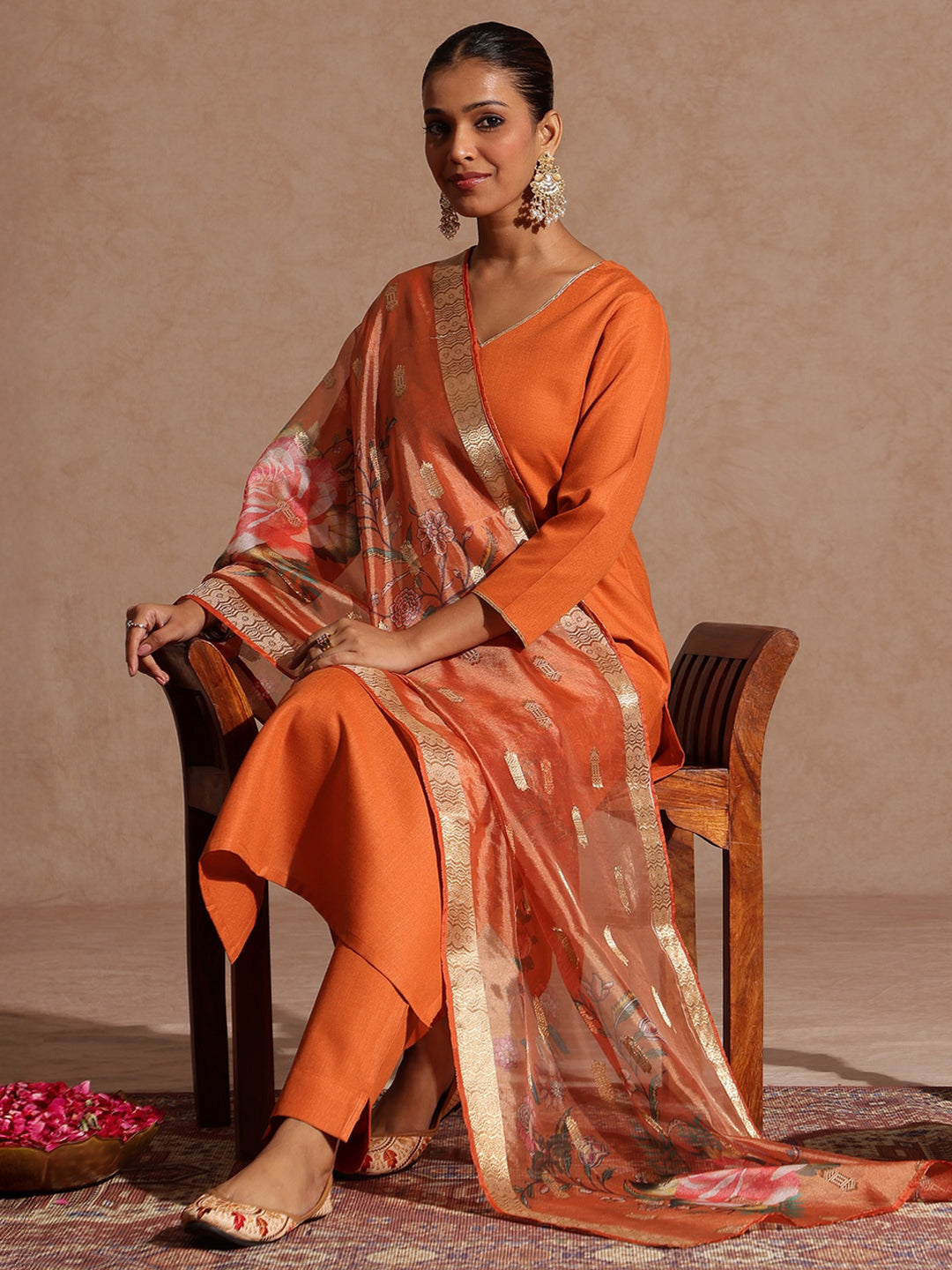 Janasya Women's Orange Cotton Blend Yoke Design Straight Kurta Set With Printed Dupatta - qivii