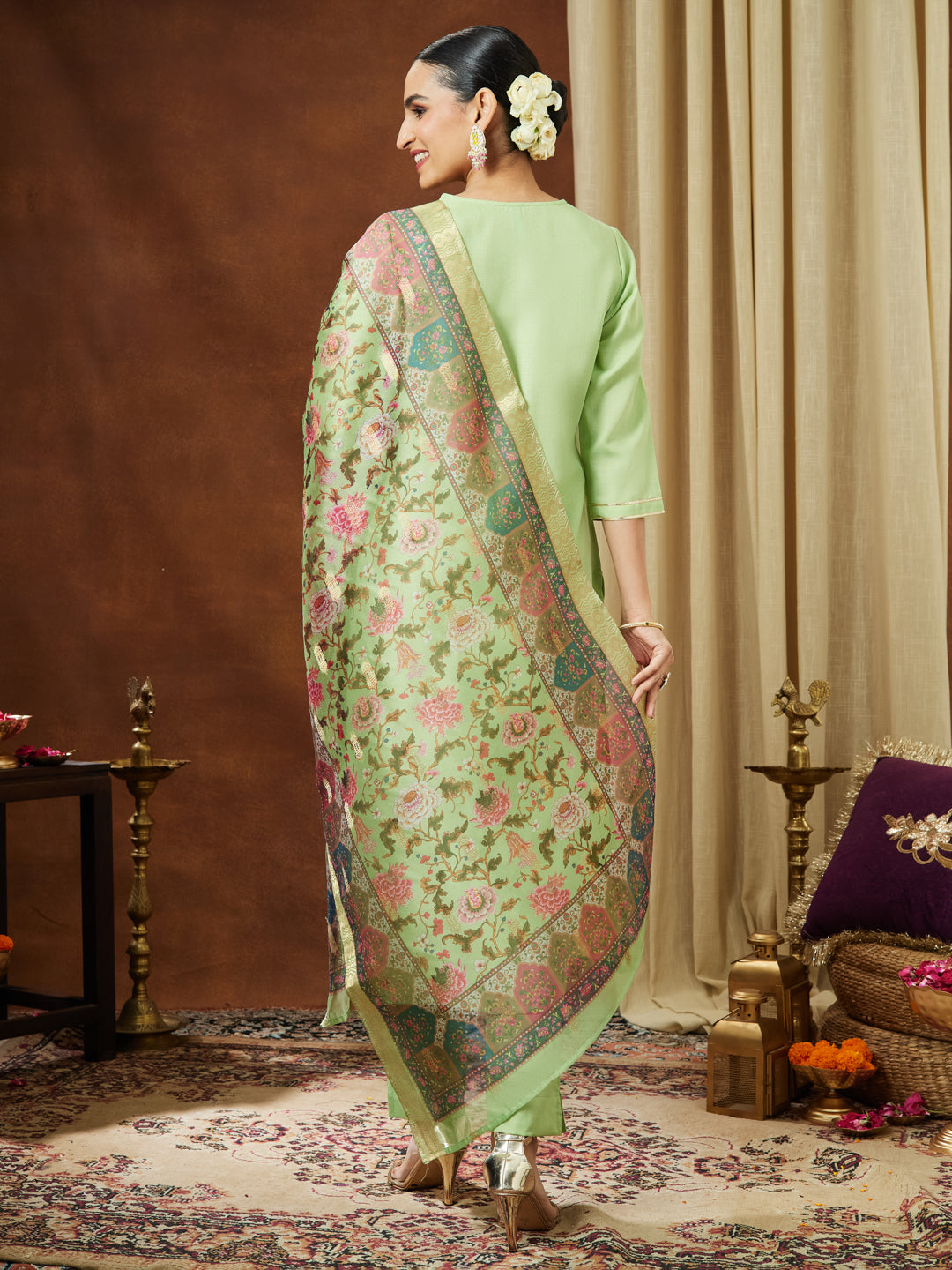 Janasya Women's Mint Green Cotton Blend Yoke Design Straight Kurta Set With Printed Jacquard Dupatta - qivii