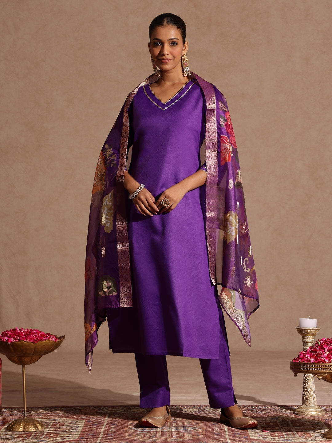 Janasya Women's Purple Cotton Blend Yoke Design Straight Kurta Set With Printed Jacquard Dupatta - qivii