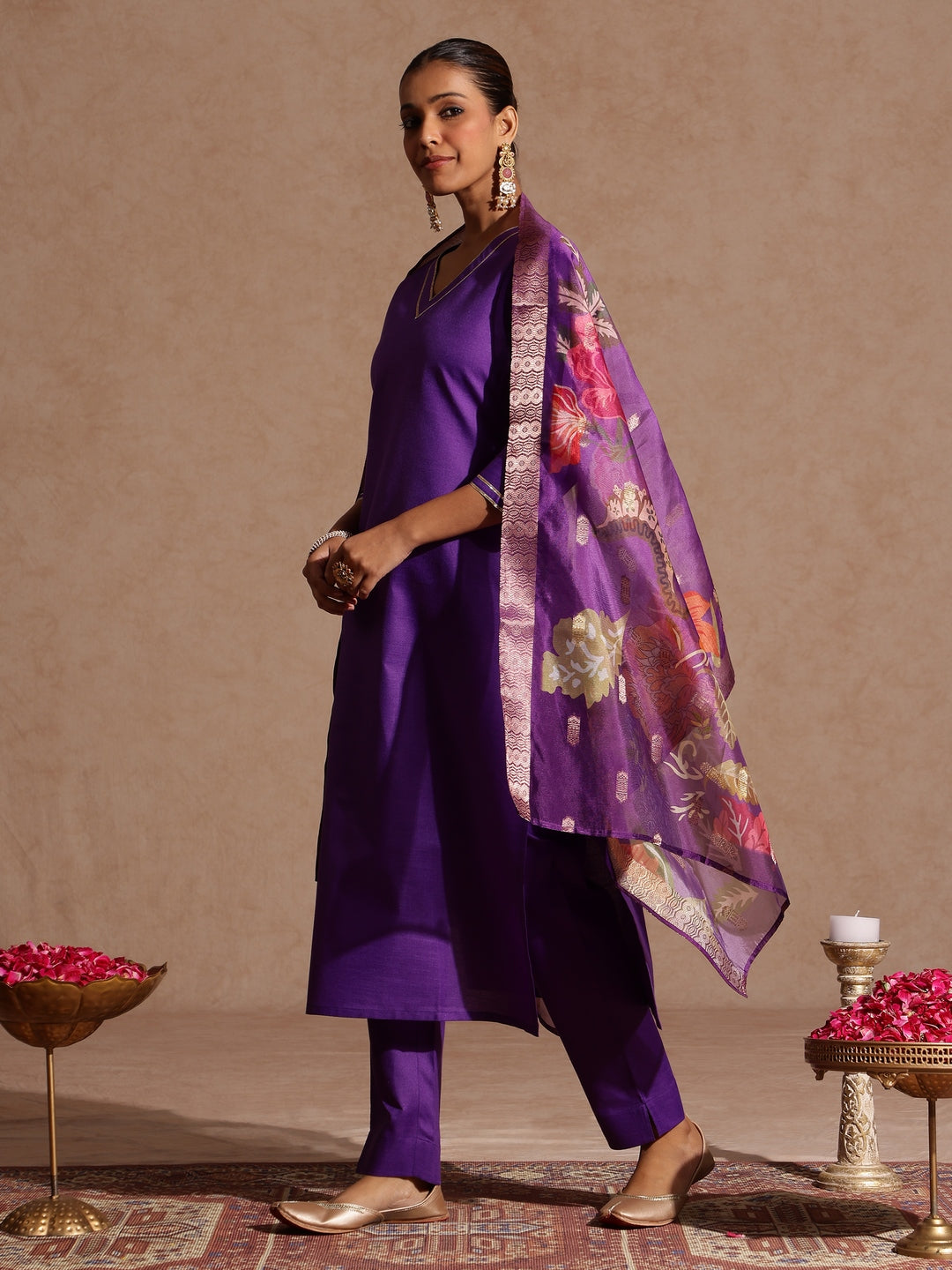 Janasya Women's Purple Cotton Blend Yoke Design Straight Kurta Set With Printed Jacquard Dupatta - qivii