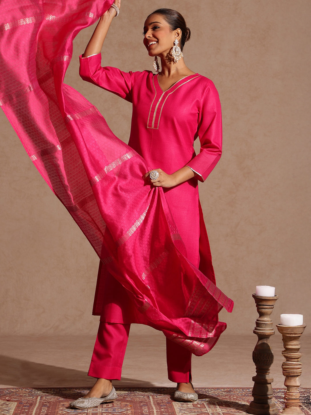 Janasya Women's Pink Cotton Blend Yoke Design Straight Kurta Set - qivii