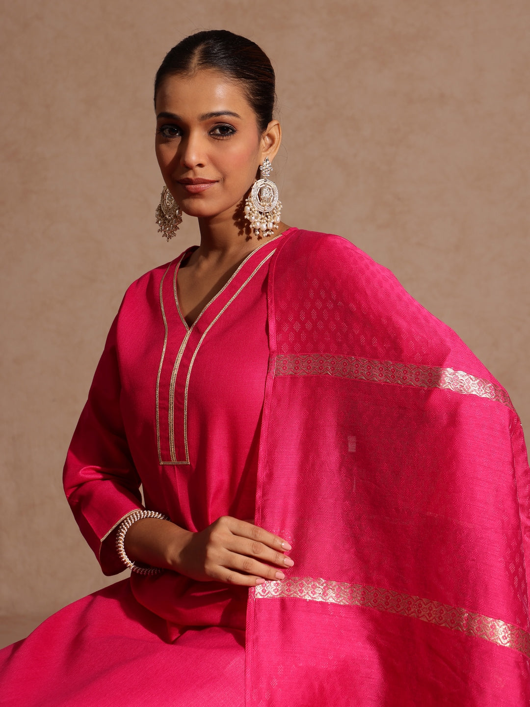 Janasya Women's Pink Cotton Blend Yoke Design Straight Kurta Set - qivii