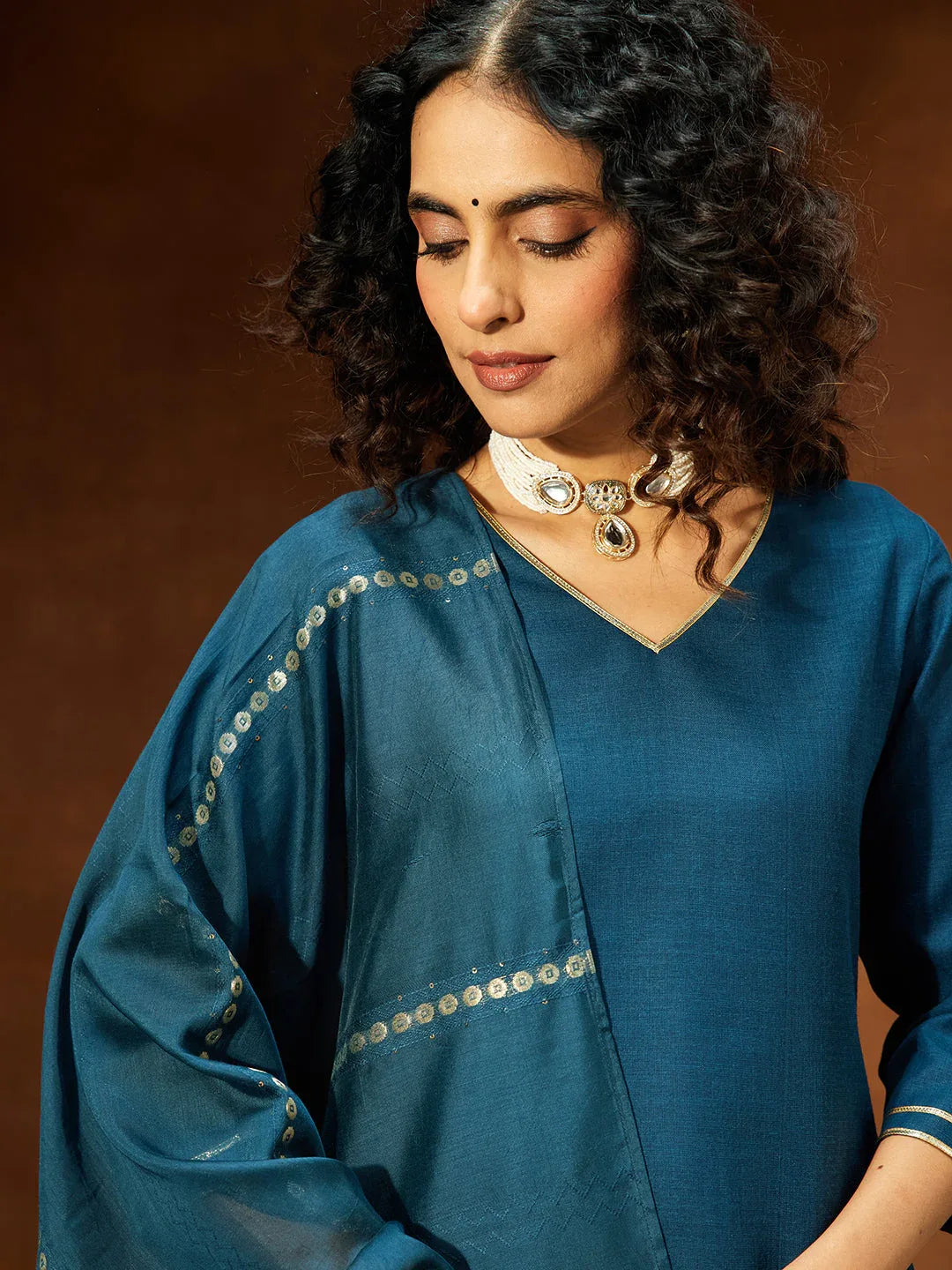 Janasya Women's Teal Blue Cotton Blend Yoke Design Straight Kurta Set