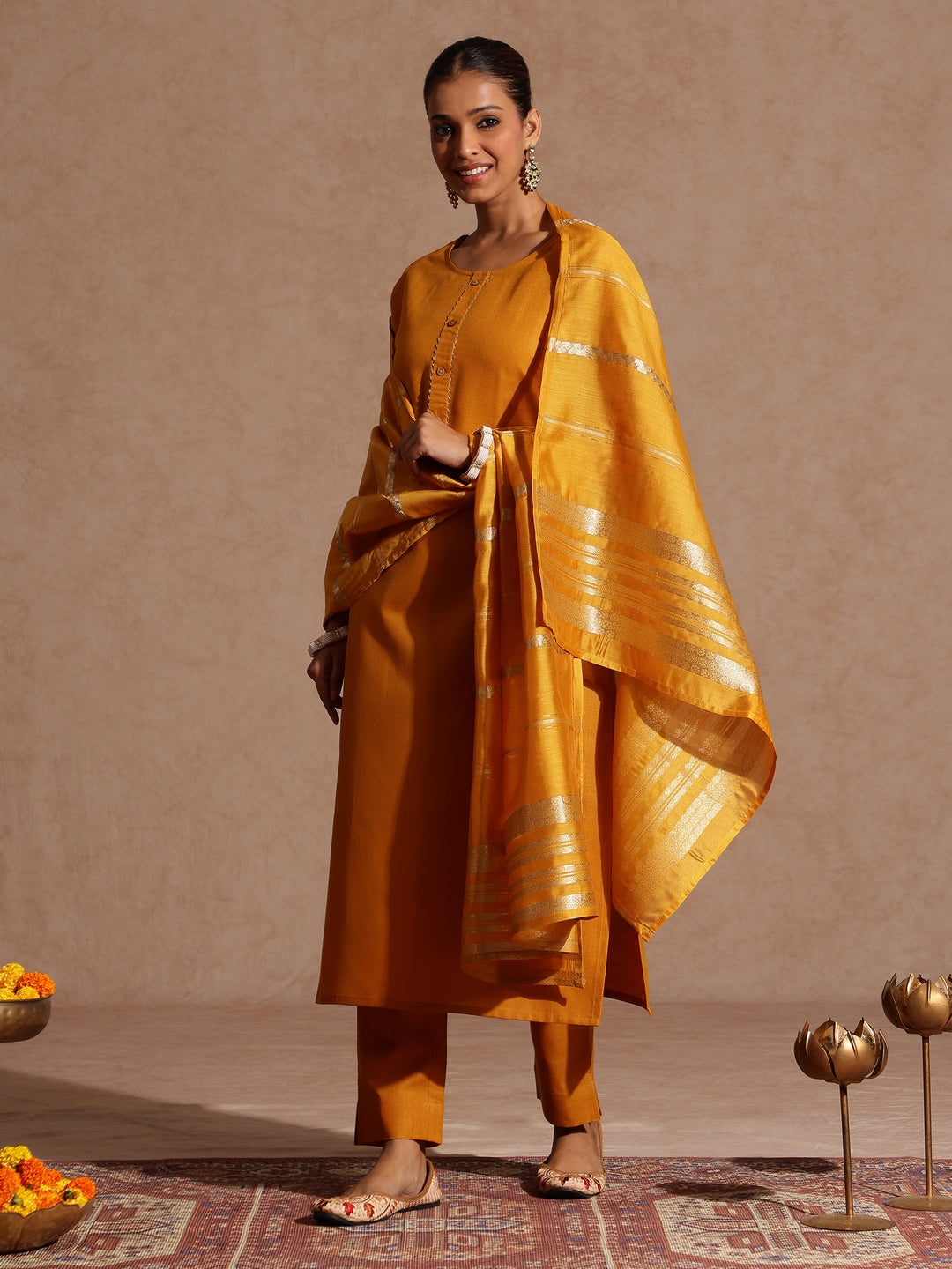 Janasya Women's Mustard Cotton Blend Yoke Design Straight Kurta Set - qivii