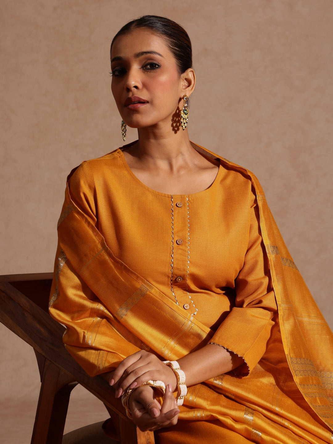Janasya Women's Mustard Cotton Blend Yoke Design Straight Kurta Set - qivii