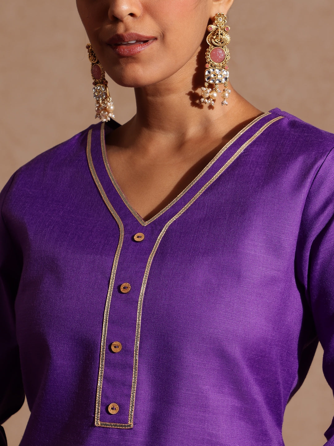 Janasya Women's Purple Cotton Blend Yoke Design Straight Kurta Set - qivii
