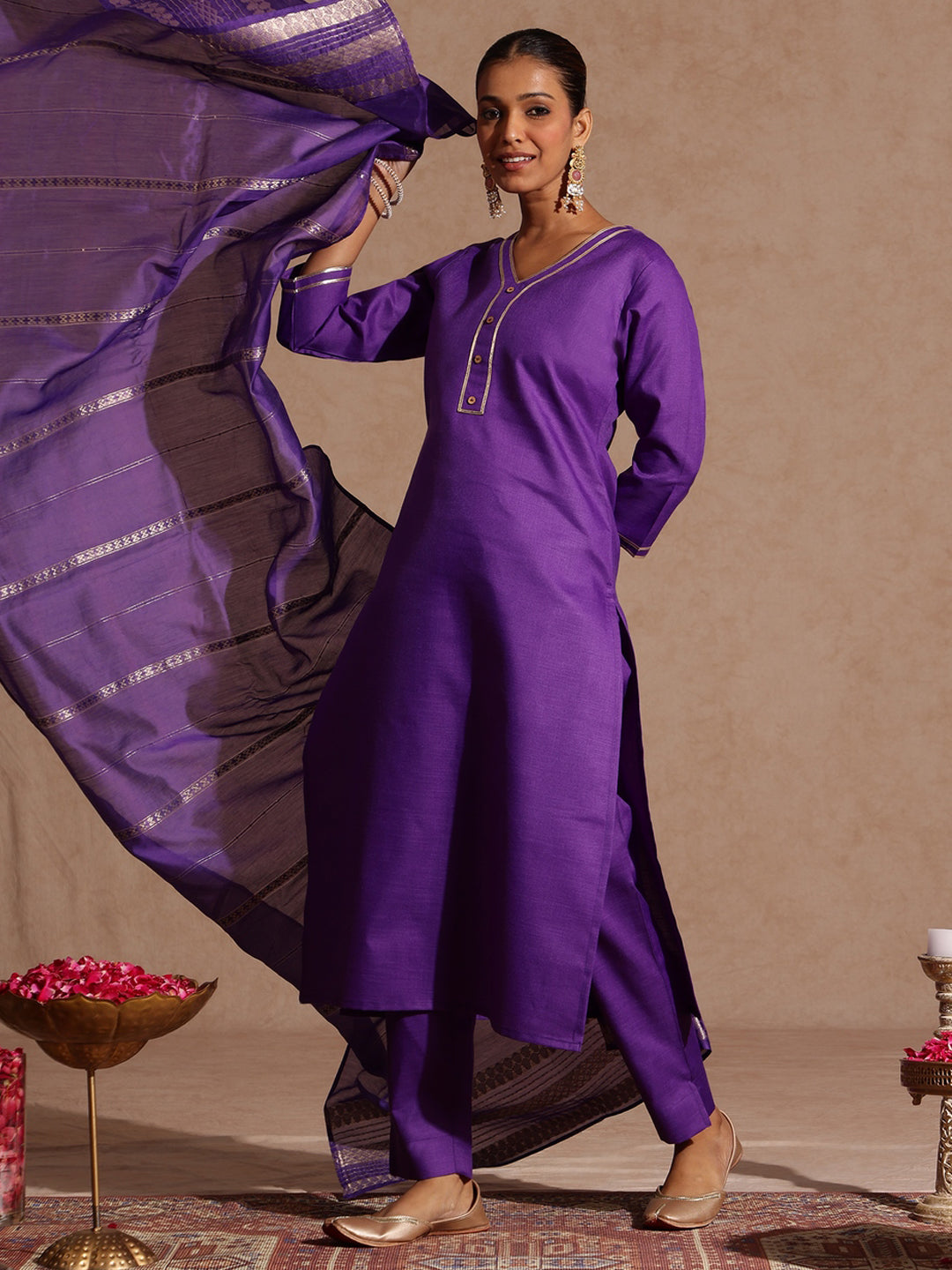 Janasya Women's Purple Cotton Blend Yoke Design Straight Kurta Set - qivii