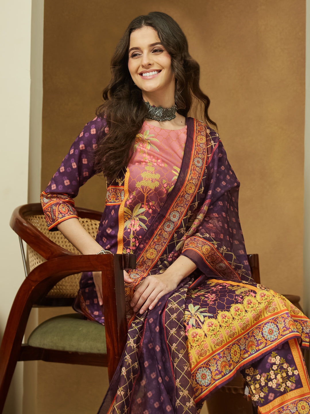 Janasya Women's Purple Cotton Blend Floral Printed Straight Kurta Set - qivii