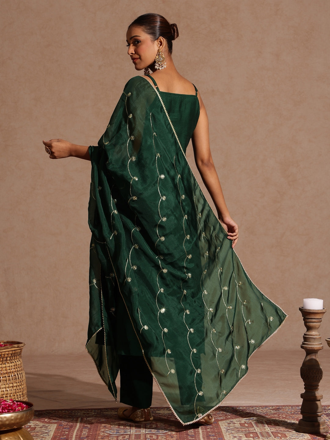 Janasya Women's Bottle Green Silk Blend Embellished Straight Kurta Set - qivii