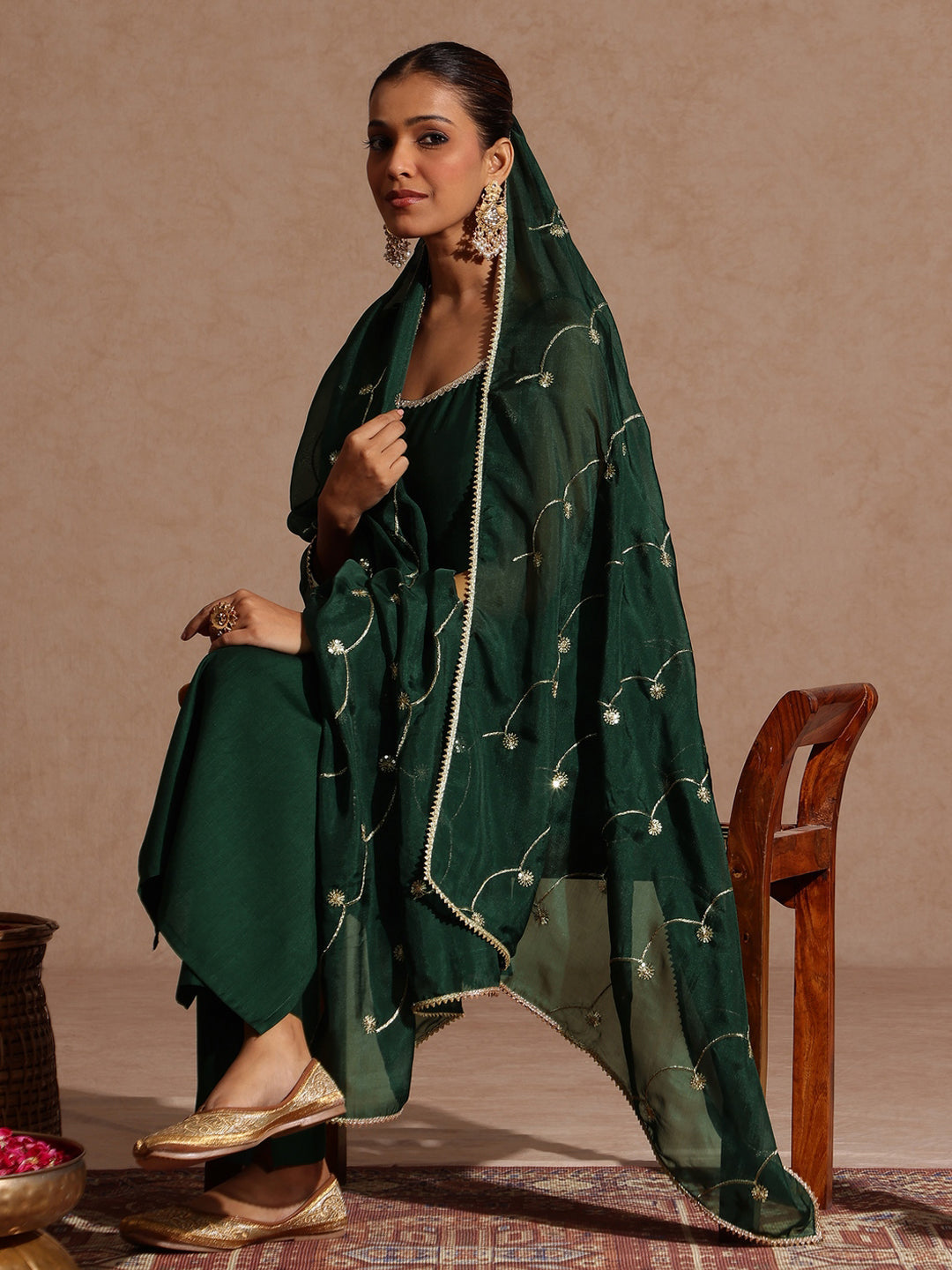 Janasya Women's Bottle Green Silk Blend Embellished Straight Kurta Set - qivii