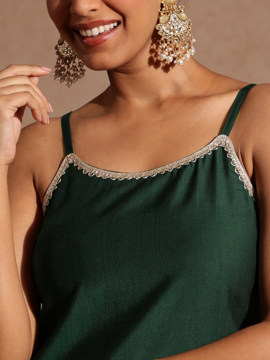 Janasya Women's Bottle Green Silk Blend Embellished Straight Kurta Set - qivii