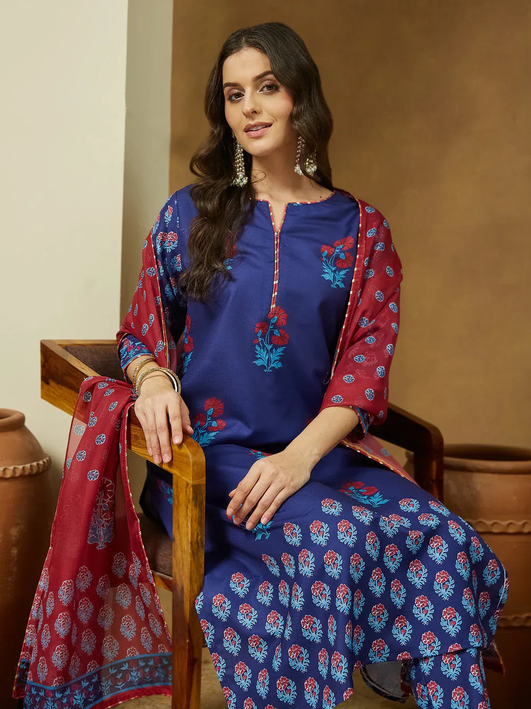Janasya Women's Purple Cotton Blend Printed Straight Kurta Set