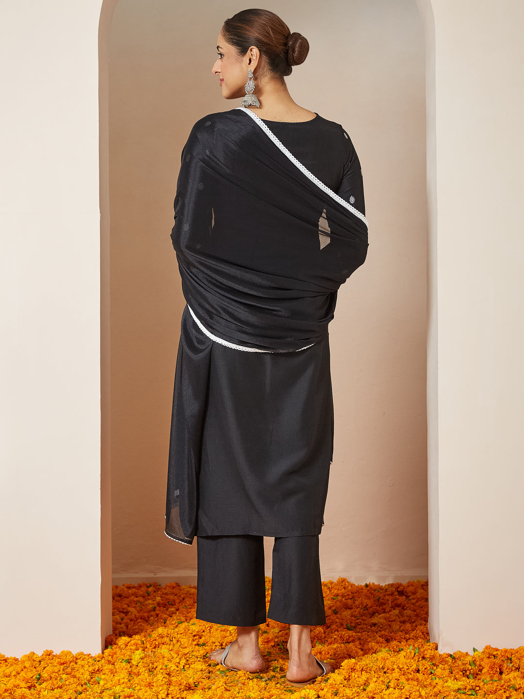 Janasya Women's Black Silk Blend Embellished Straight Kurta Set - qivii