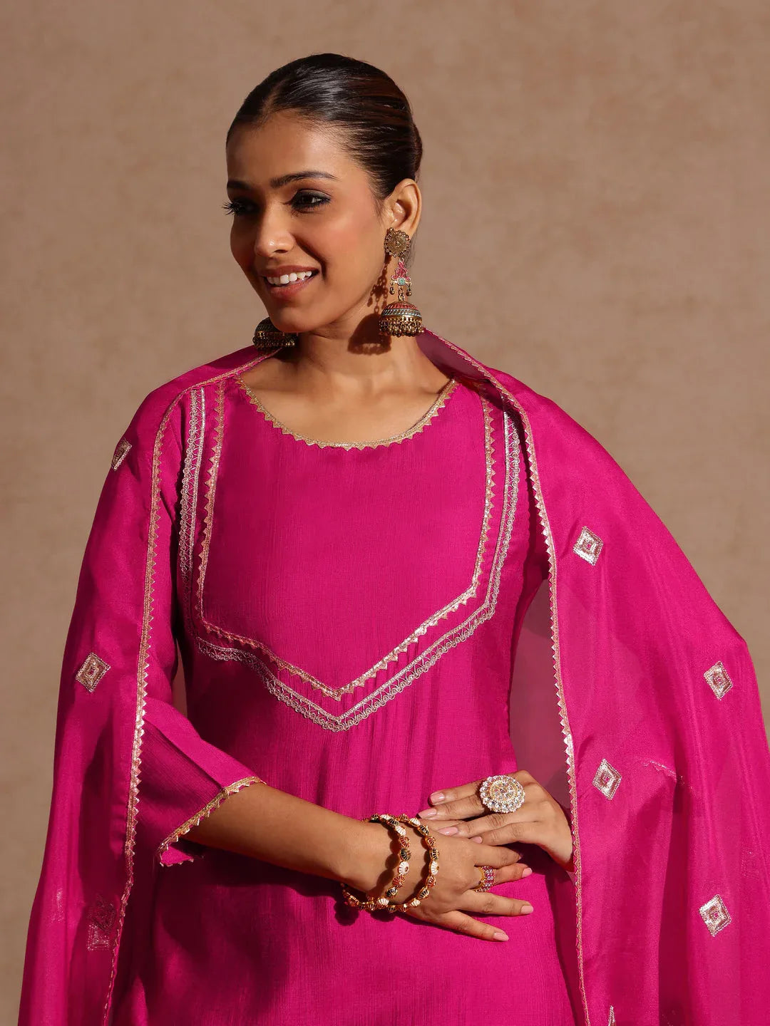 Janasya Women's Pink Silk Blend Embellished Yoke Design Straight Kurta Set