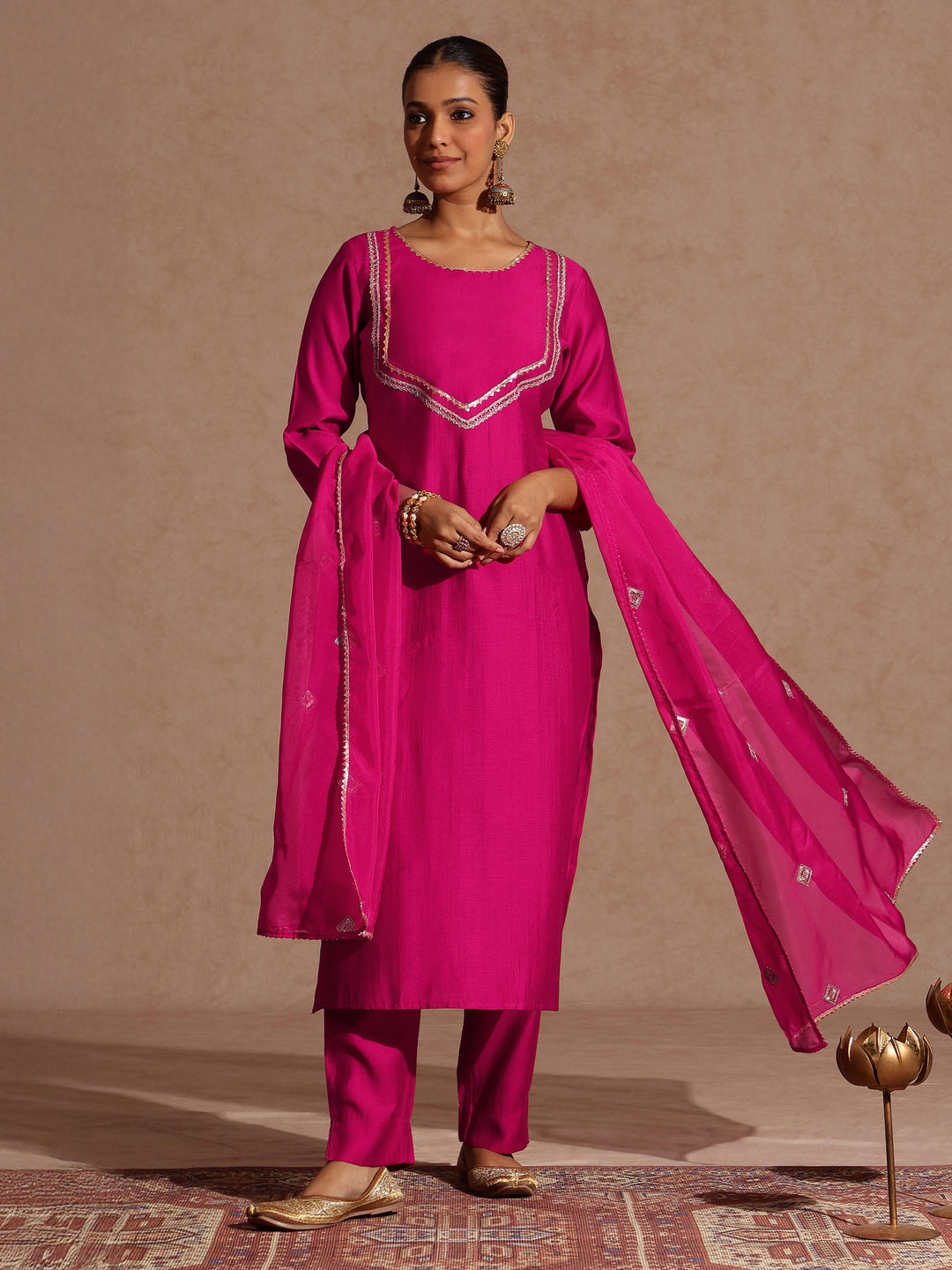 Janasya Women's Pink Silk Blend Embellished Yoke Design Straight Kurta Set - qivii