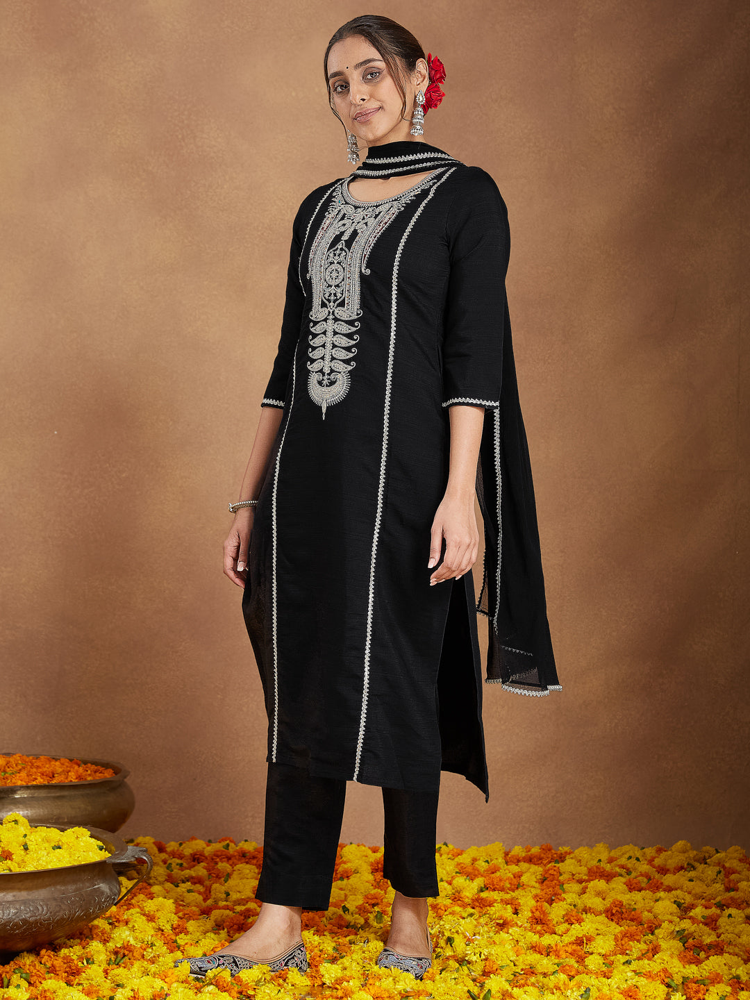 Janasya Women's Black Silk Blend Embroidered Straight Kurta Set - qivii