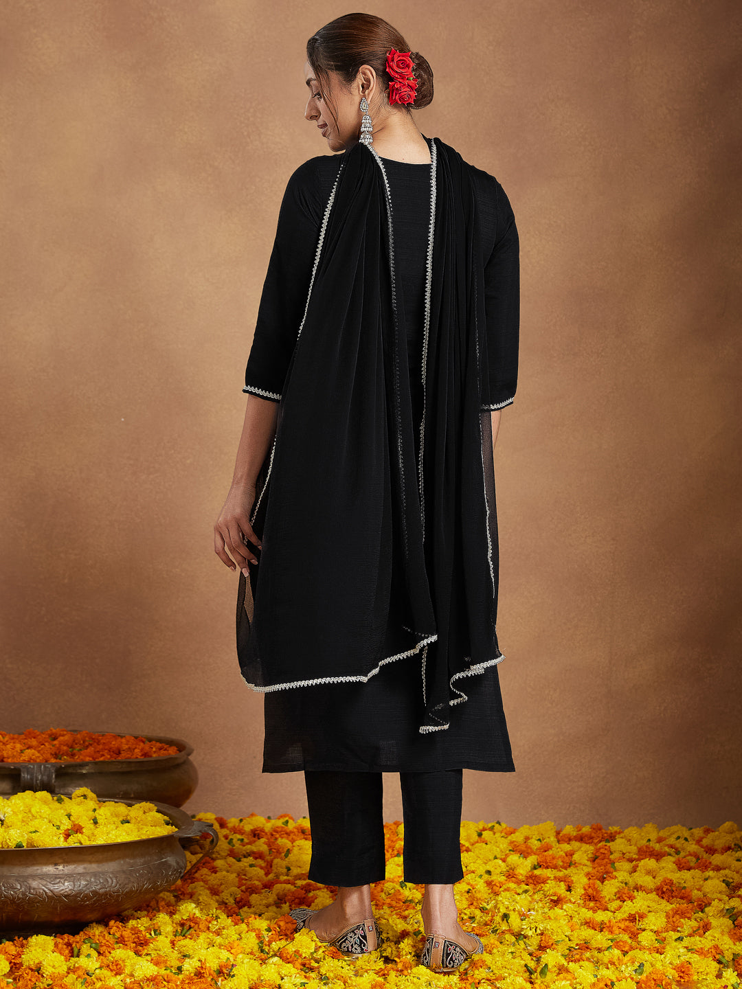 Janasya Women's Black Silk Blend Embroidered Straight Kurta Set - qivii