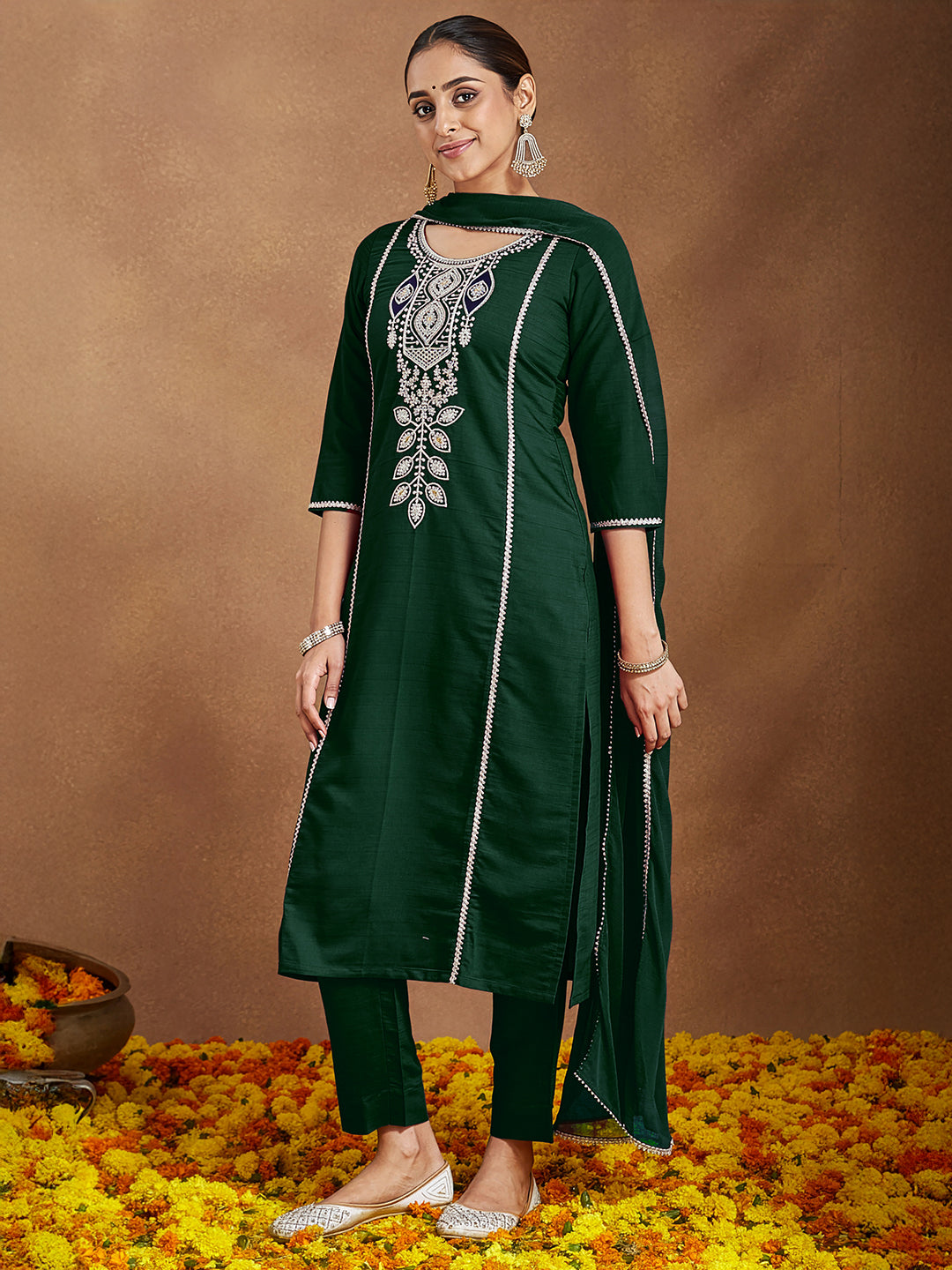 Janasya Women's Bottle Green Silk Blend Embroidered Straight Kurta Set