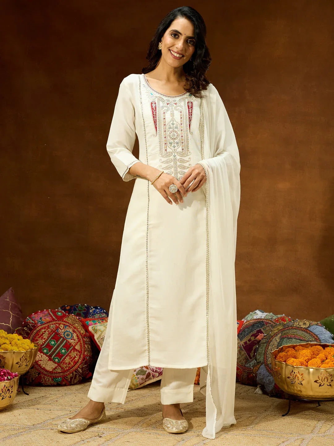 Janasya Women's White Silk Blend Embroidered Straight Kurta Set