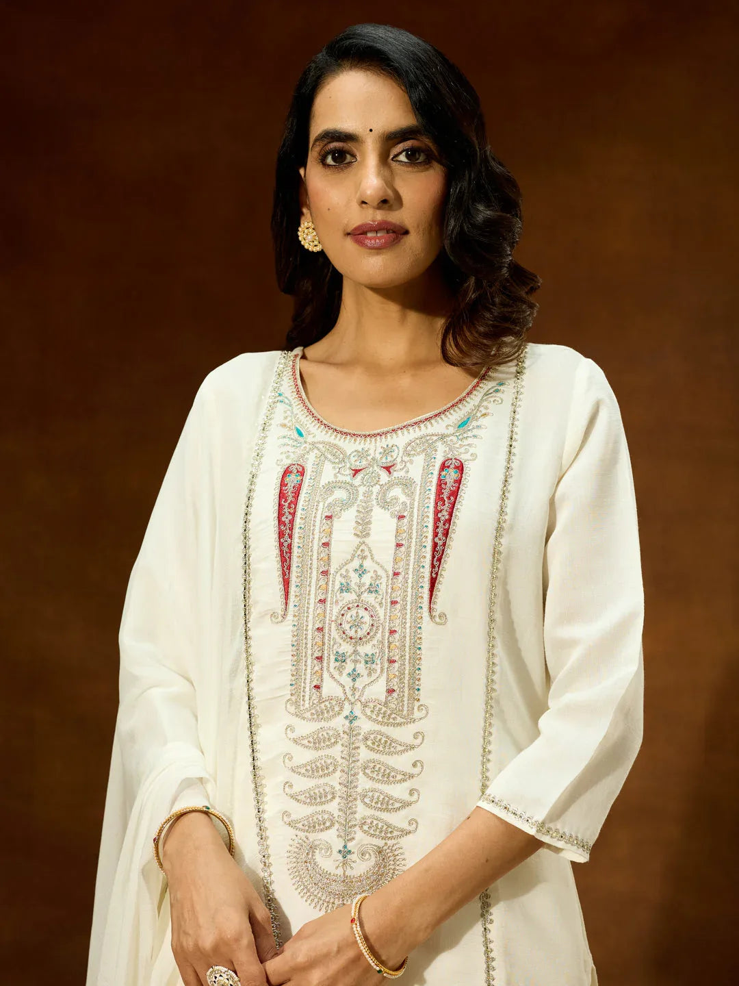 Janasya Women's White Silk Blend Embroidered Straight Kurta Set