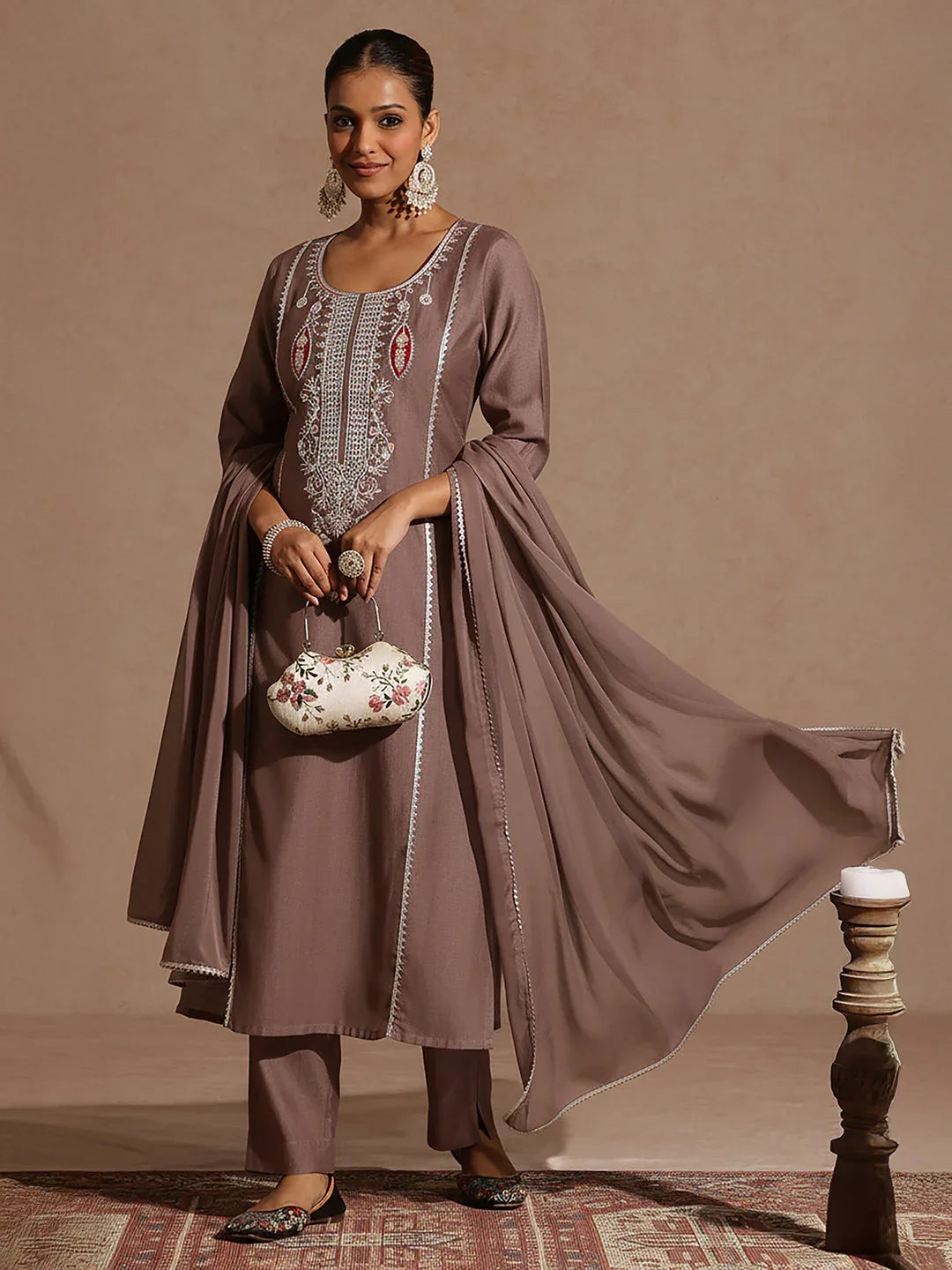Janasya Women's Brown Silk Blend Embroidered Straight Kurta Set
