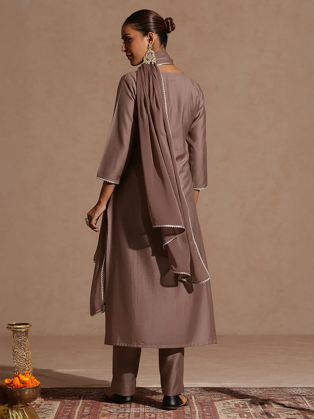 Janasya Women's Brown Silk Blend Embroidered Straight Kurta Set