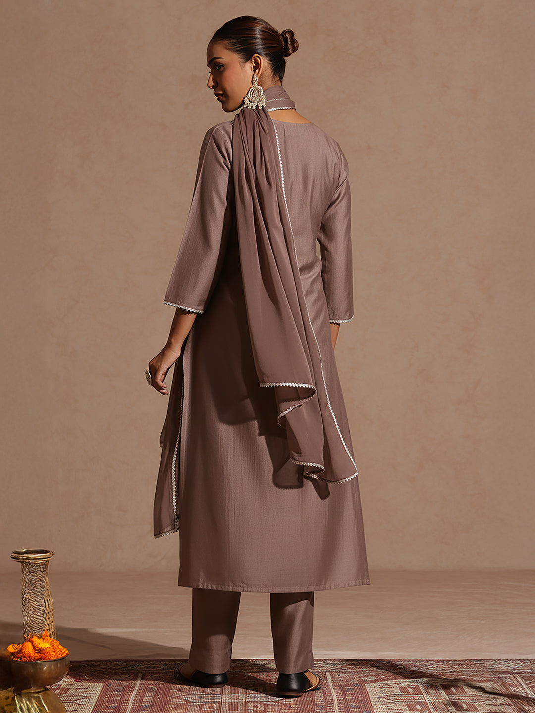 Janasya Women's Brown Silk Blend Embroidered Straight Kurta Set