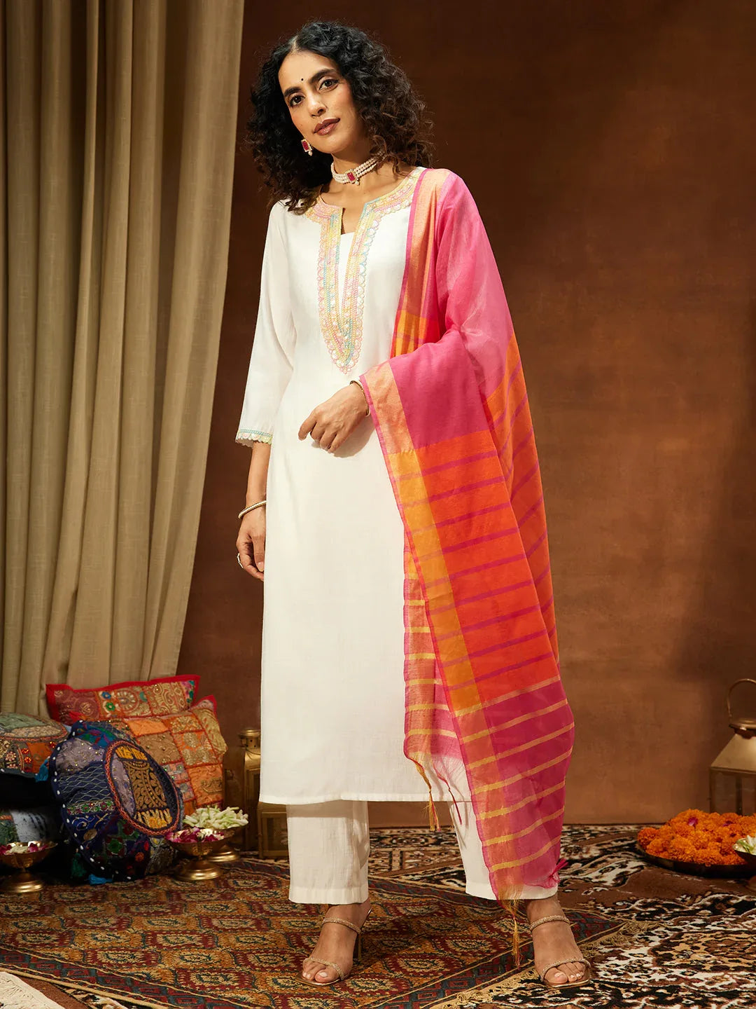 Janasya Women's Off White Silk Blend Embellished Straight Kurta Set