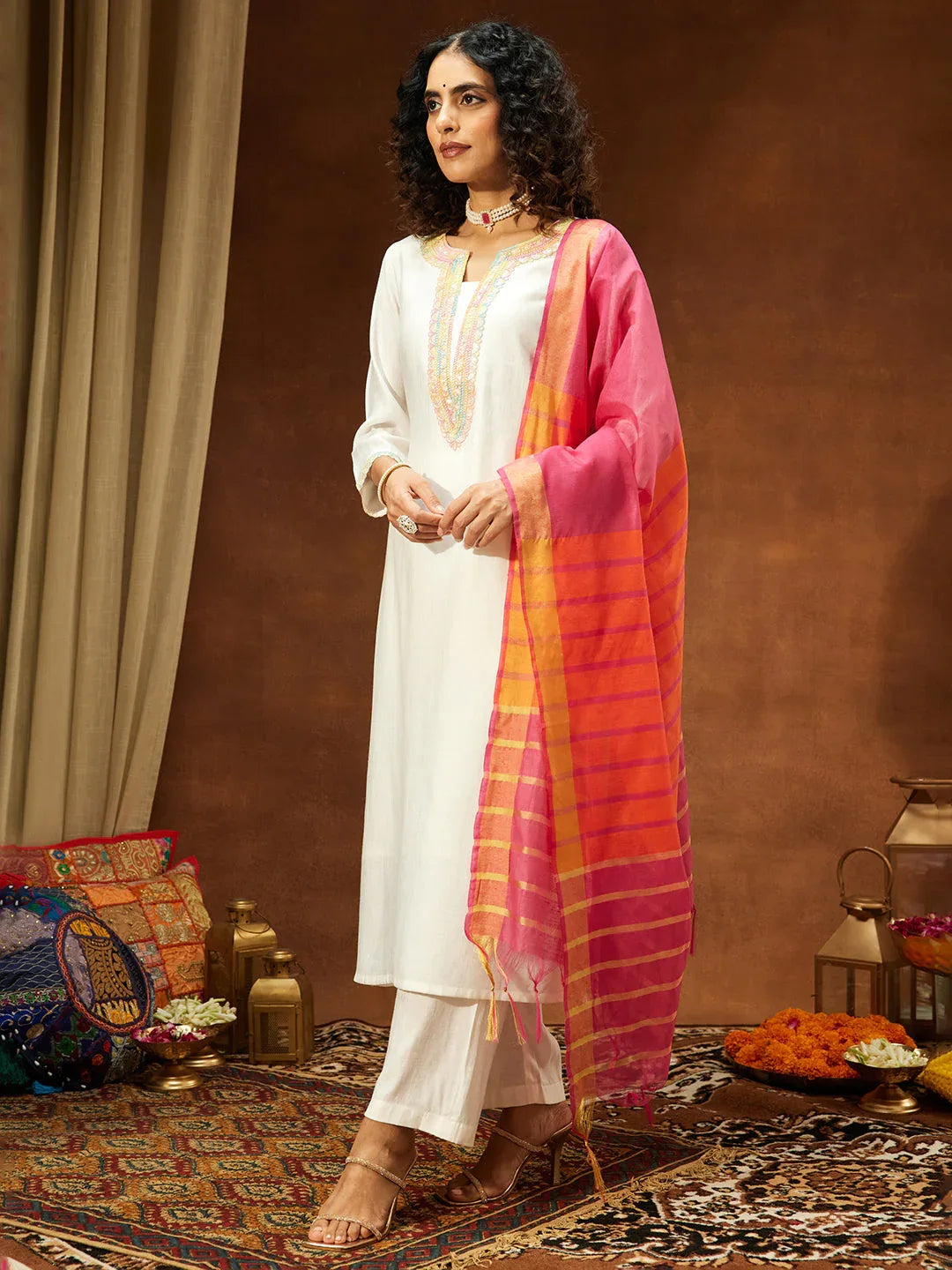 Janasya Women's Off White Silk Blend Embellished Straight Kurta Set