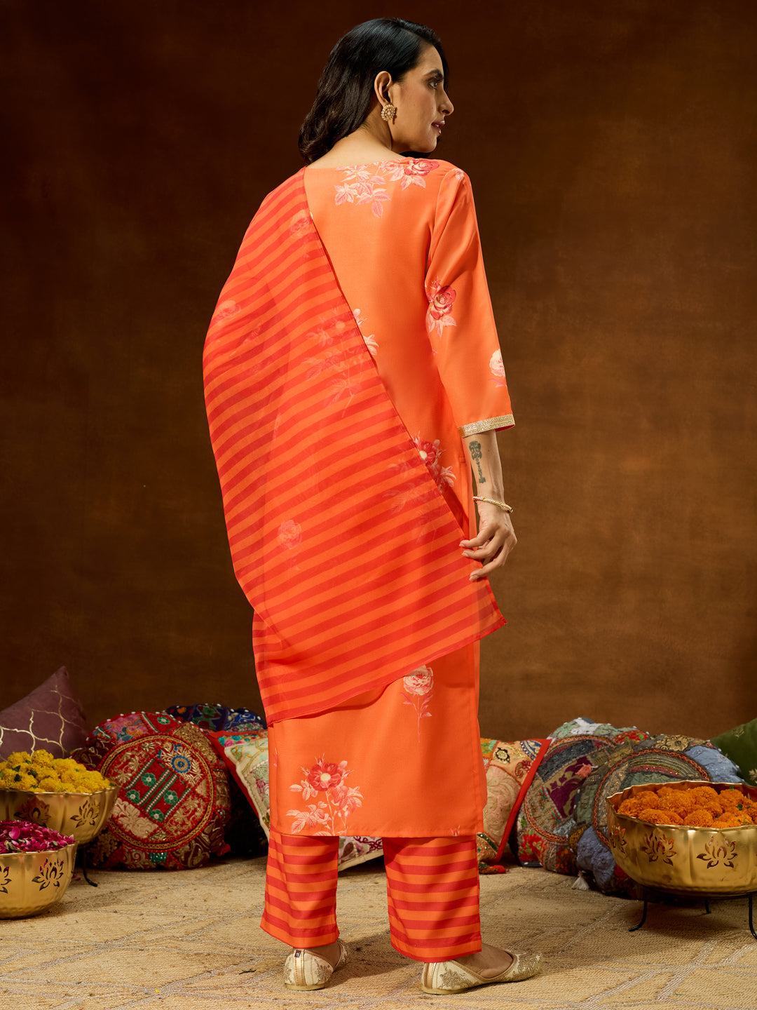 Janasya Women's Orange Cotton Blend Embellished Straight Kurta Set
