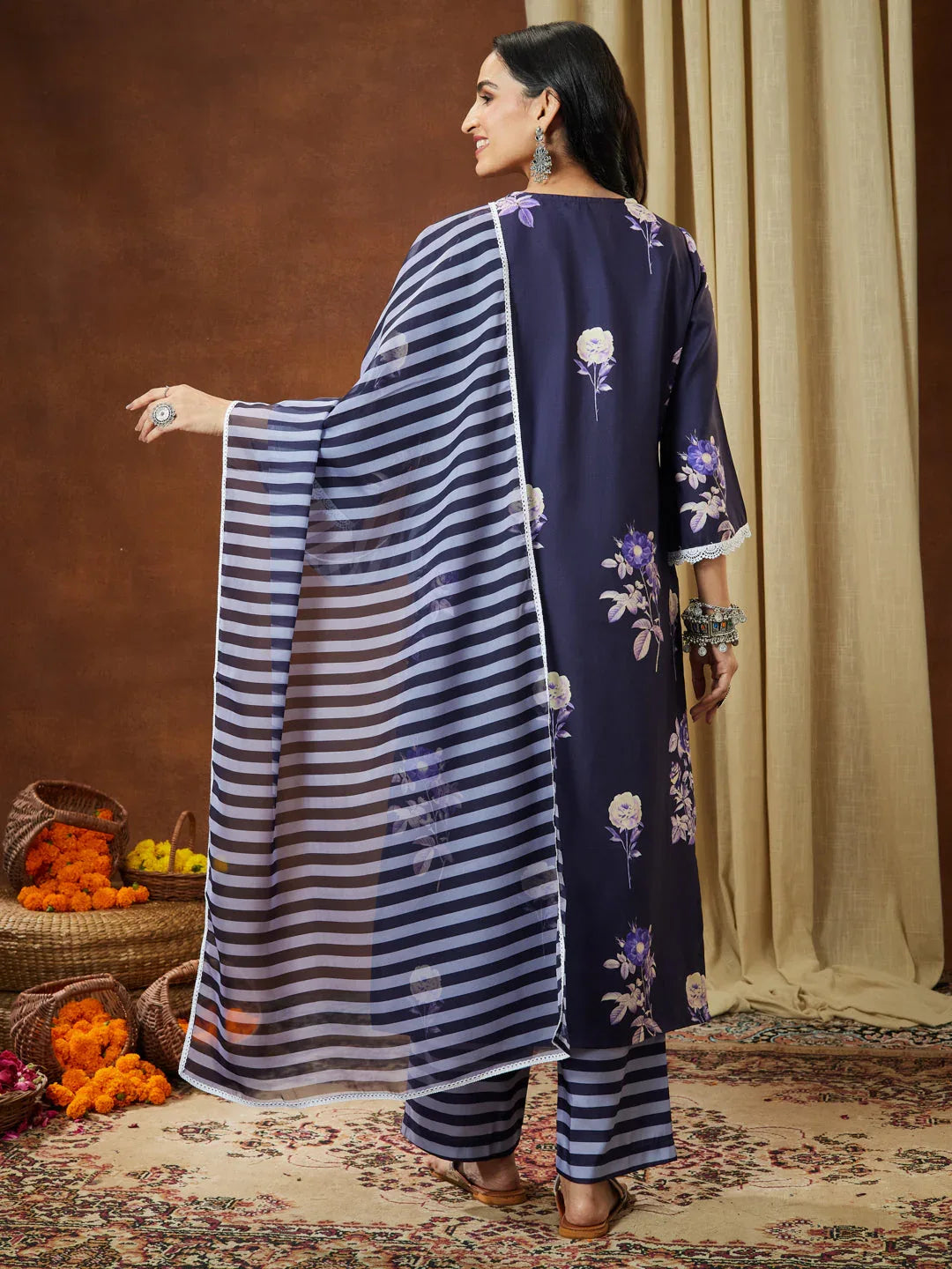 Janasya Women's Purple Cotton Blend Floral Printed Straight Kurta Set