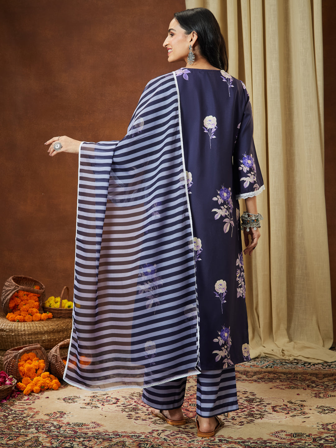 Janasya Women's Purple Cotton Blend Floral Printed Straight Kurta Set