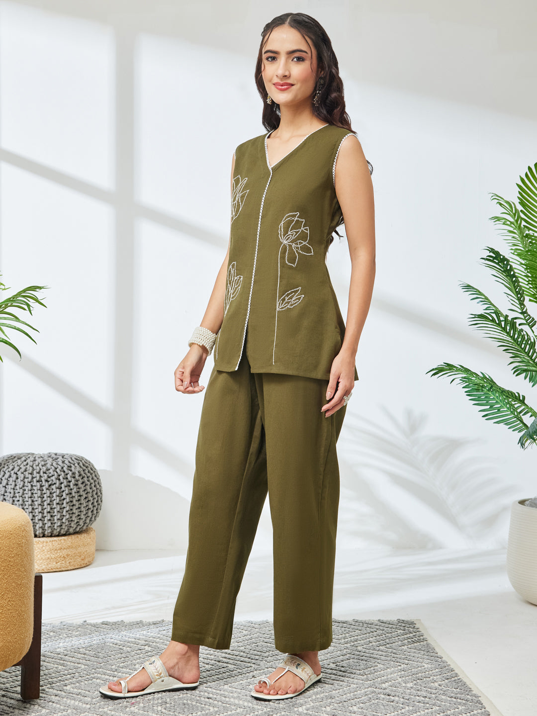 Janasya Women's Olive Linen Cotton Embroidered Straight Co-Ord Set
