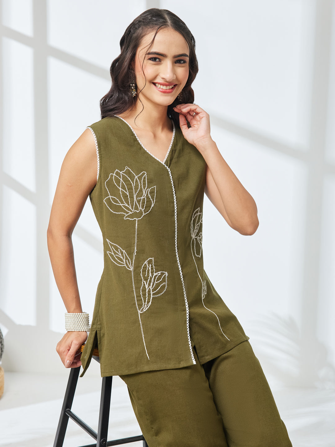Janasya Women's Olive Linen Cotton Embroidered Straight Co-Ord Set