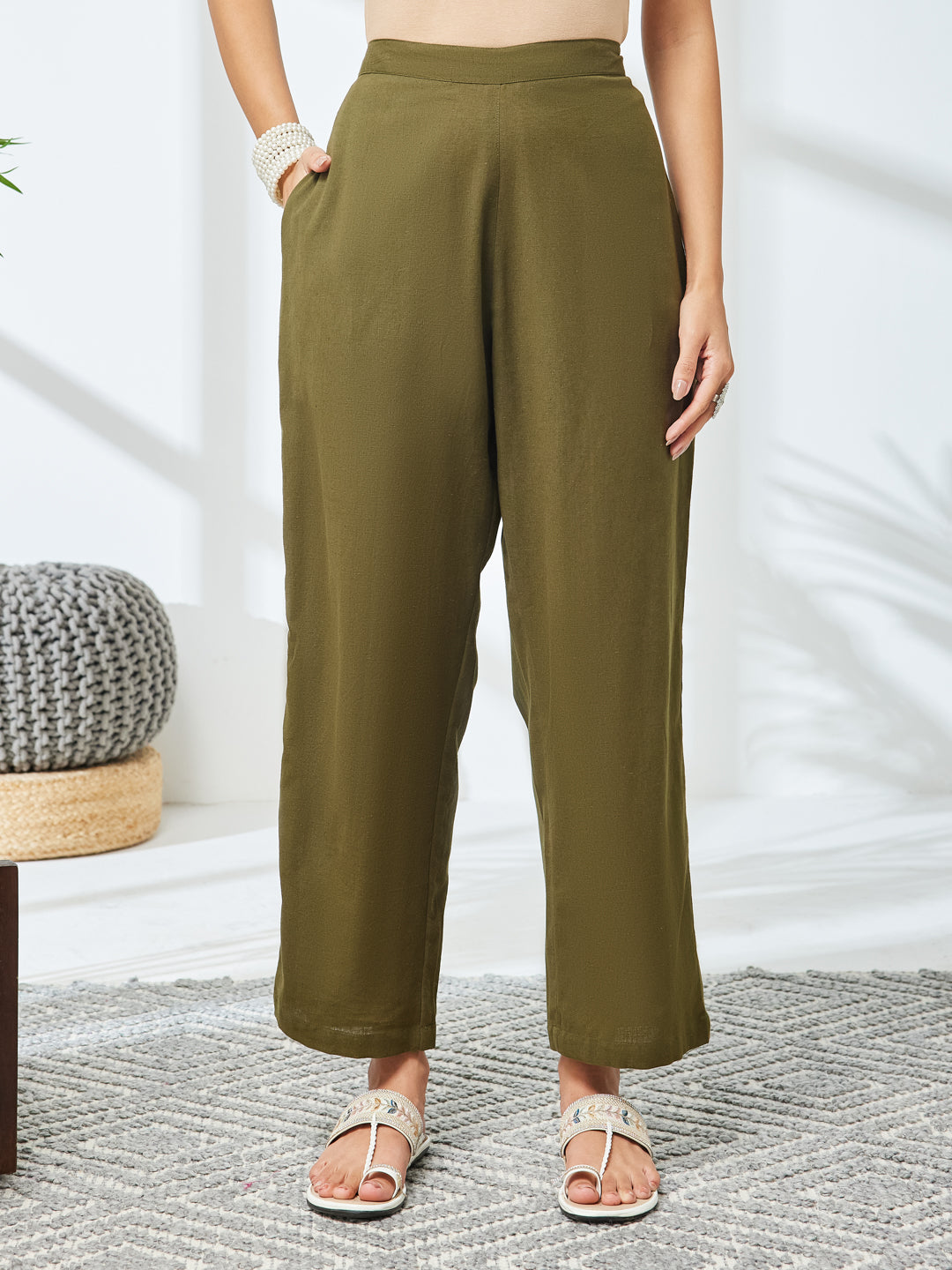 Janasya Women's Olive Linen Cotton Embroidered Straight Co-Ord Set