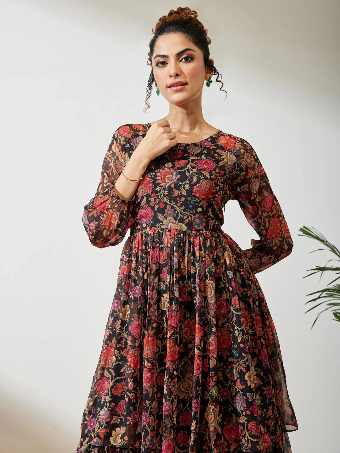 Janasya Women's Black Georgette Floral Printed A-line Dress