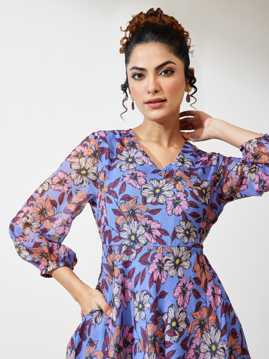 Janasya Women's Lavender Georgette Floral Printed A-line Dress