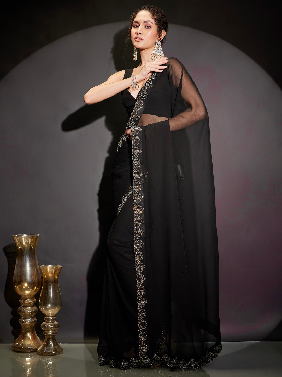 Janasya Women's Black Georgette One-Minute Ready-to-Wear Embellished Saree with Unstitched Blouse