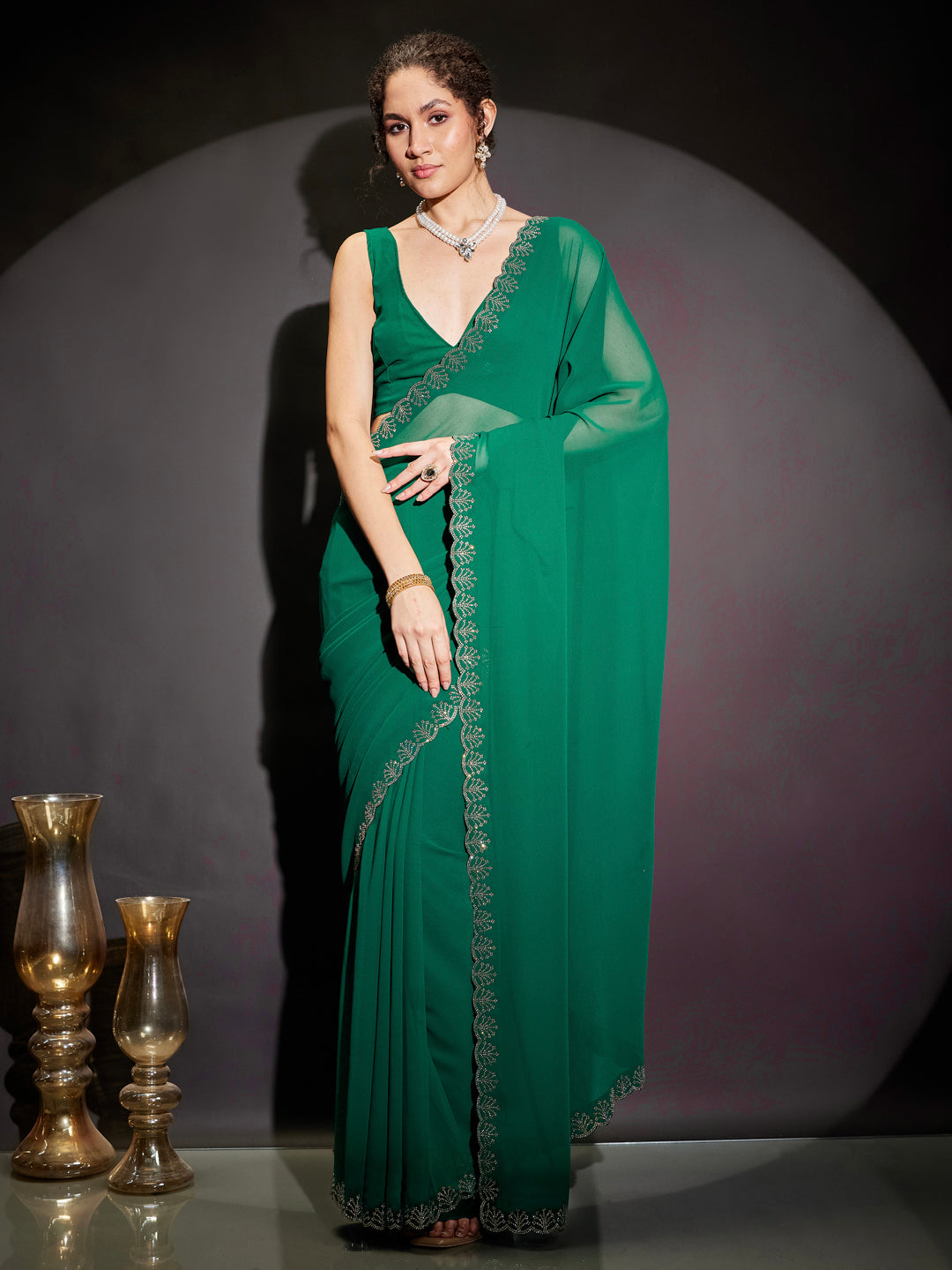 Janasya Women's Green Georgette One-Minute Ready-to-Wear Embellished Saree with Unstitched Blouse