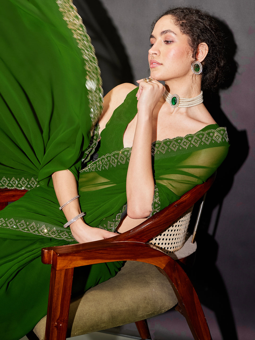 Janasya Women's Dark Green Georgette One-Minute Ready-to-Wear Embellished Saree with Unstitched Blouse