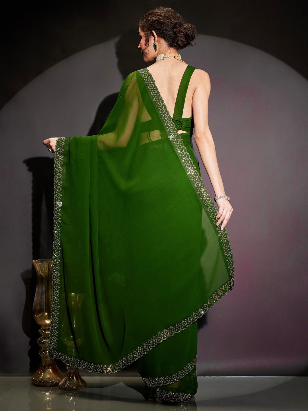Janasya Women's Dark Green Georgette One-Minute Ready-to-Wear Embellished Saree with Unstitched Blouse