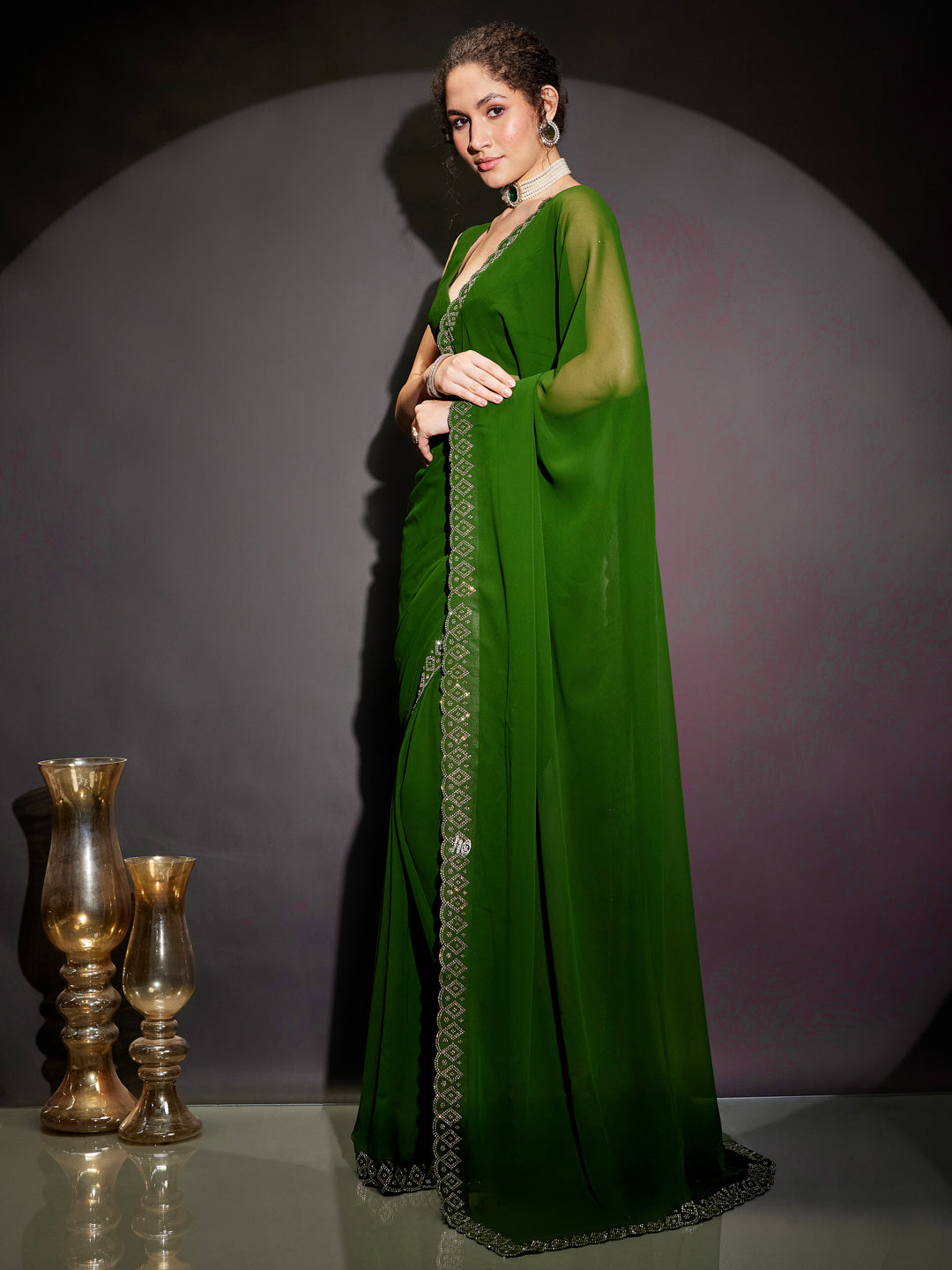 Janasya Women's Dark Green Georgette One-Minute Ready-to-Wear Embellished Saree with Unstitched Blouse