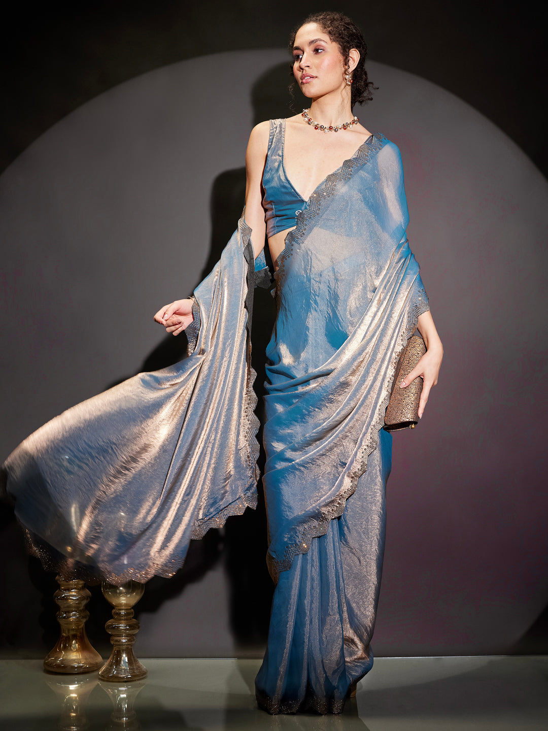 Janasya Women's Blue & Copper Tissue Silk One-Minute Ready-to-Wear Embellished Saree with Unstitched Blouse