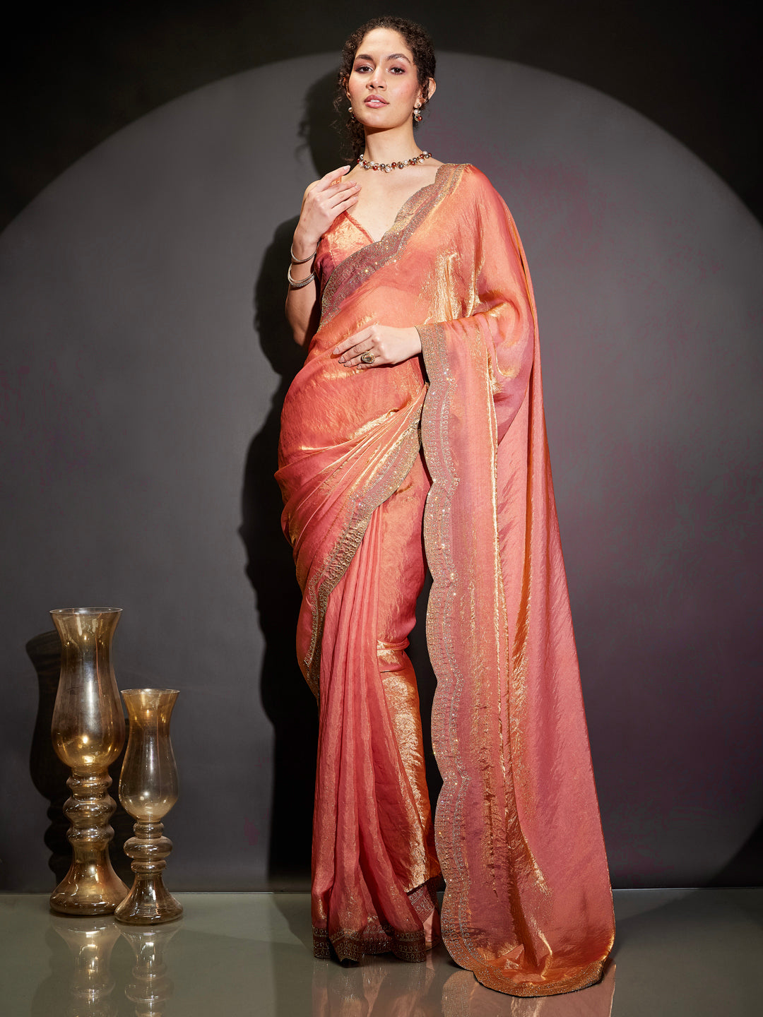 Janasya Women's Peach Tissue Silk One-Minute Ready-to-Wear Embellished Saree with Unstitched Blouse