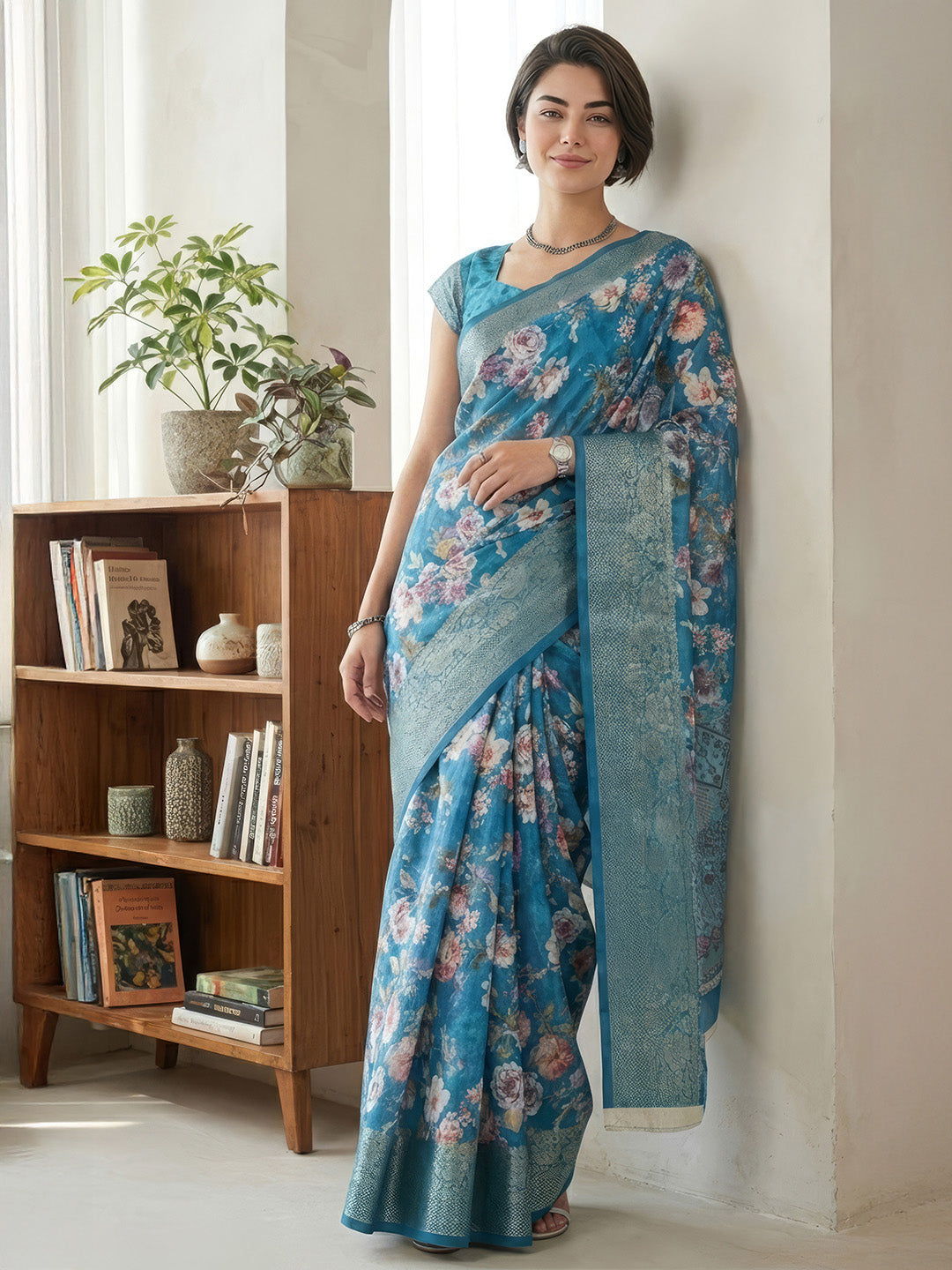 Janasya Women's Royal Blue Silk Blend Ready To Wear Floral  Printed Saree With Unstitched Blouse