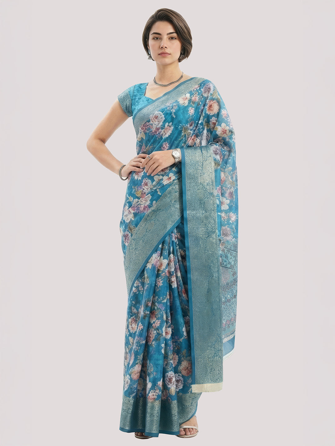 Janasya Women's Royal Blue Silk Blend Ready To Wear Floral  Printed Saree With Unstitched Blouse
