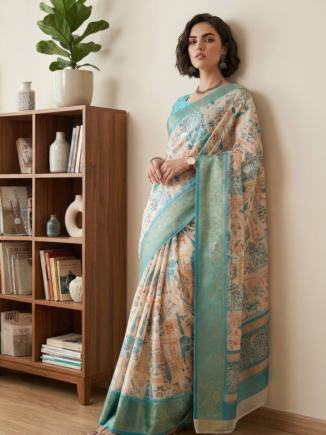 Janasya Women's Cream Silk Blend Ready To Wear Tropical  Printed Saree With Unstitched Blouse
