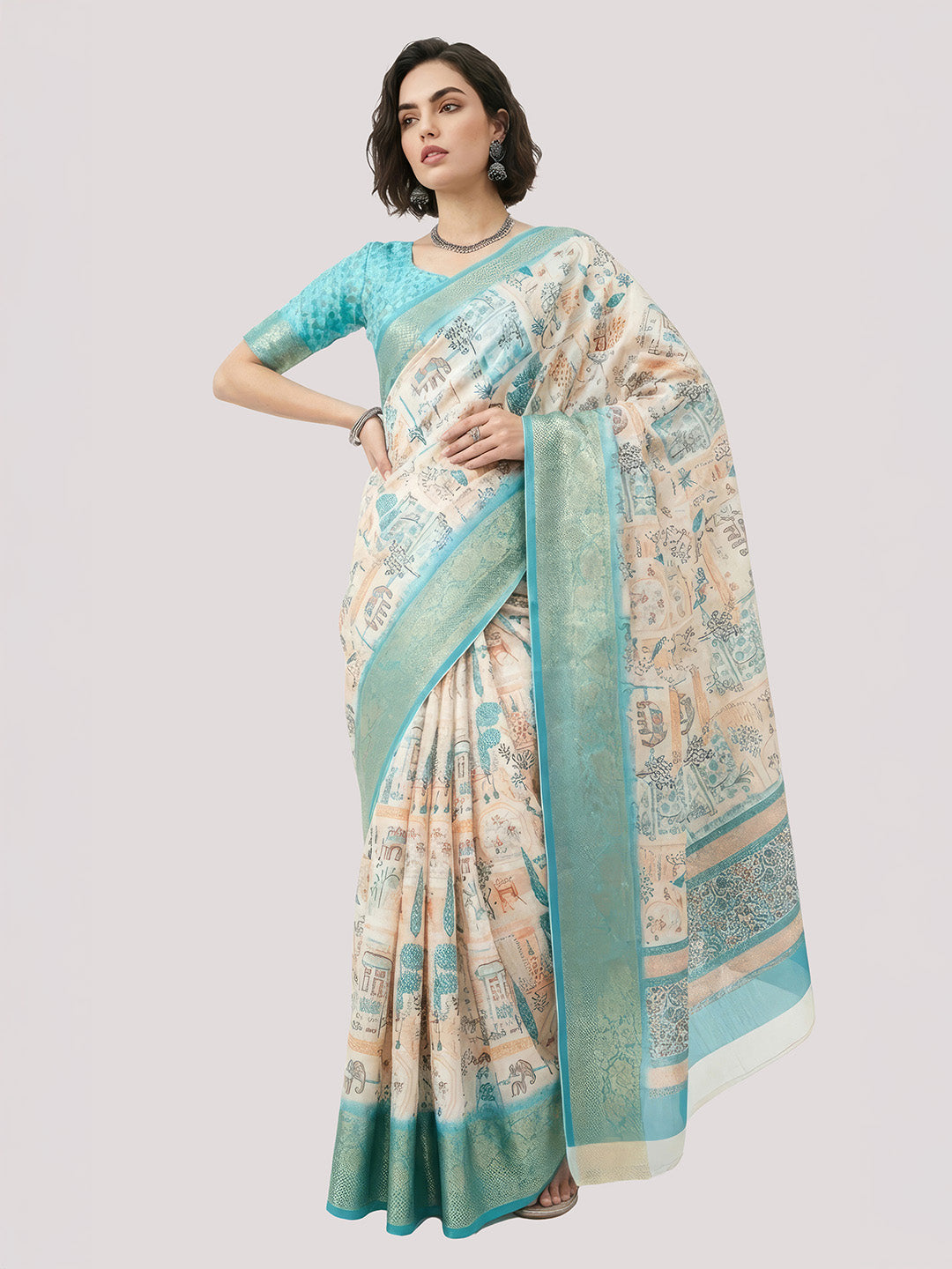 Janasya Women's Cream Silk Blend Ready To Wear Tropical  Printed Saree With Unstitched Blouse