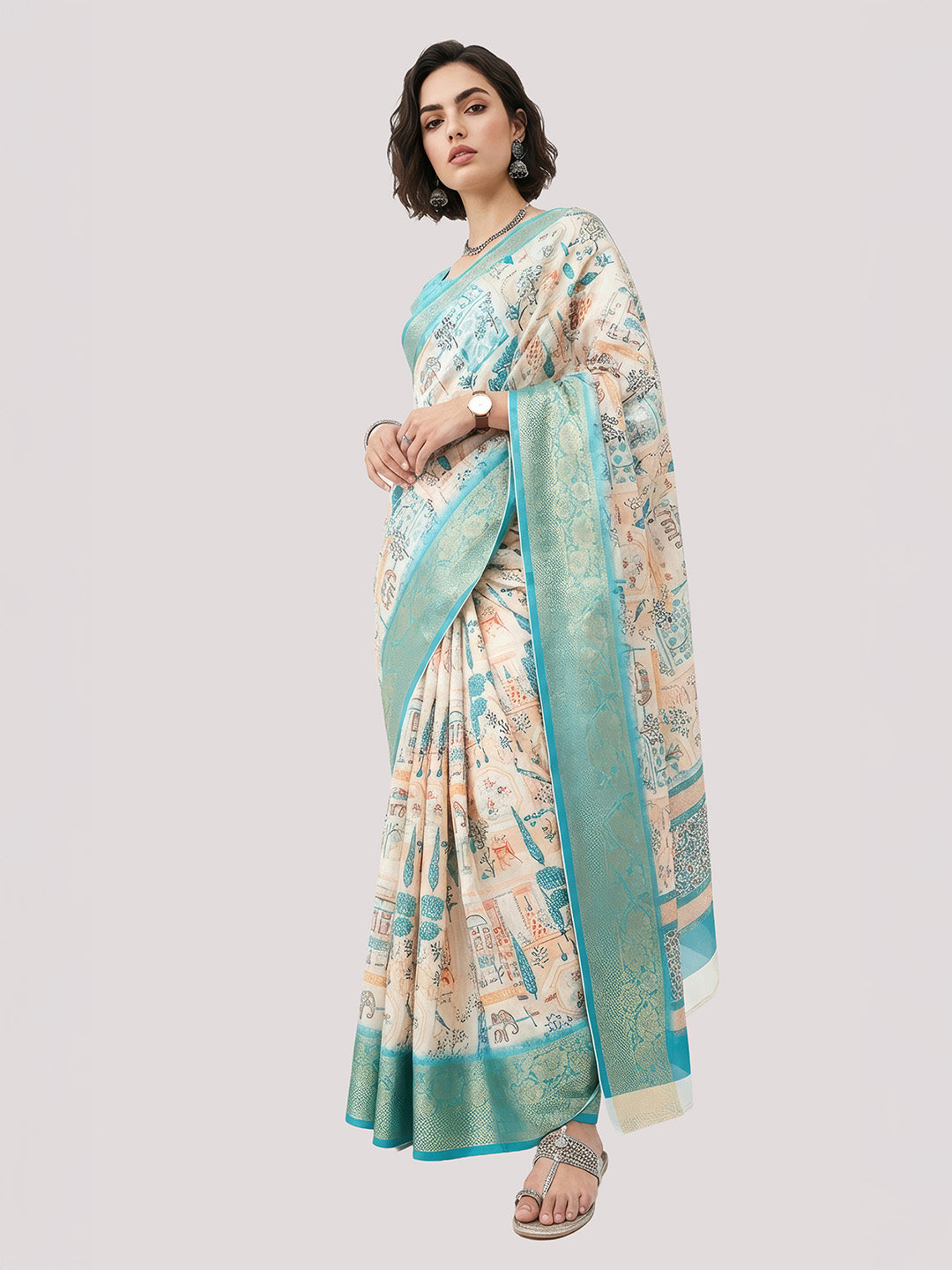 Janasya Women's Cream Silk Blend Ready To Wear Tropical  Printed Saree With Unstitched Blouse