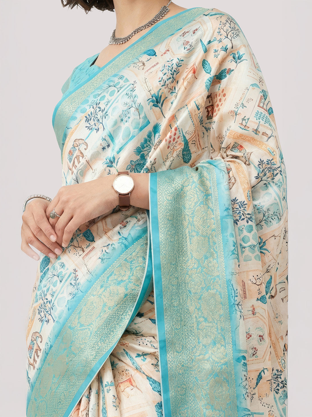 Janasya Women's Cream Silk Blend Ready To Wear Tropical  Printed Saree With Unstitched Blouse
